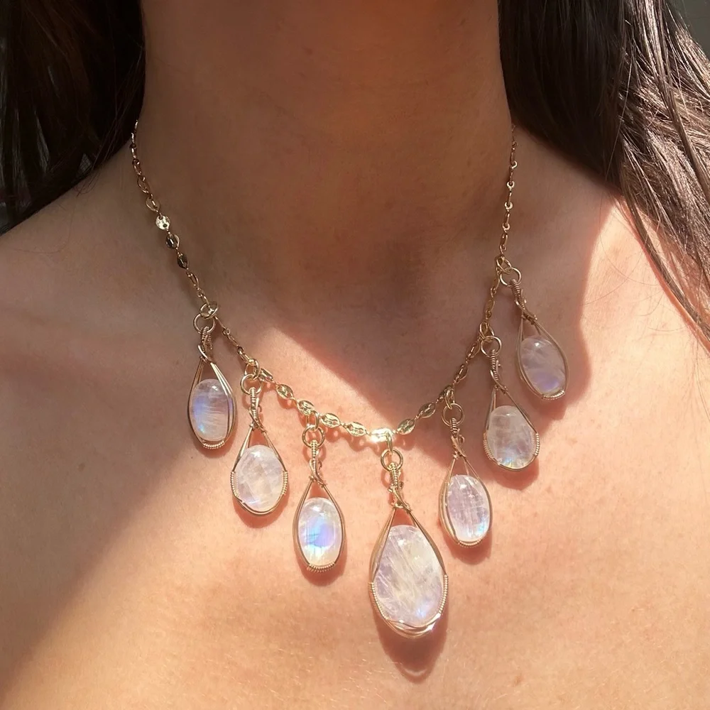 14k Gold Filled Rainbow Moonstone Gypsy Boho Necklace
